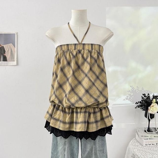 Plaid Lace Trim Halter Neck Sleeveless Top