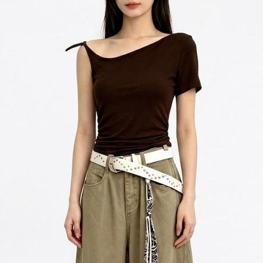 Ruched Asymmetric Round Neck Tee