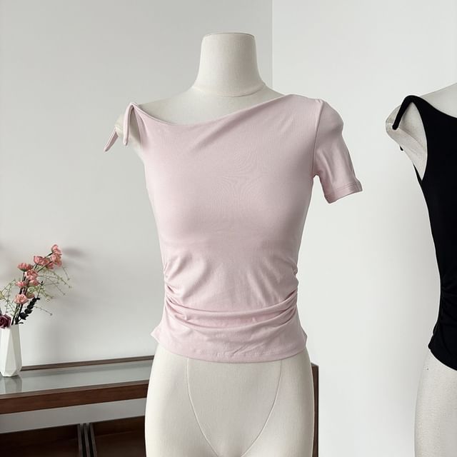 Ruched Asymmetric Round Neck Tee