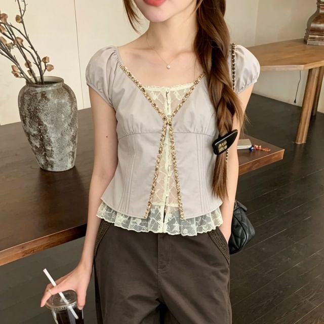Mock Two Piece Puff Sleeve Lace Blouse