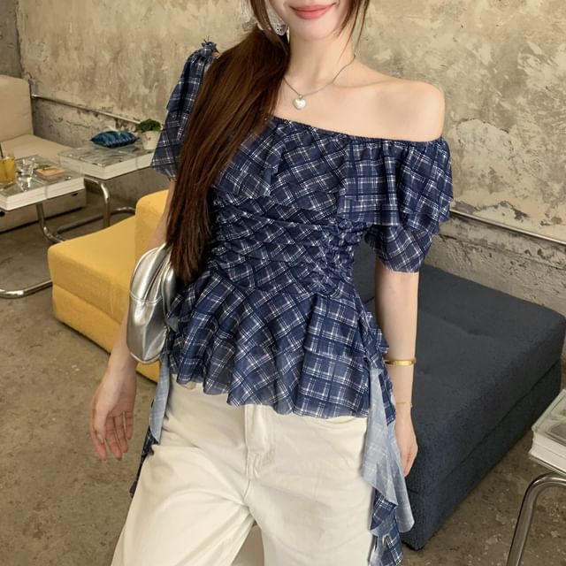 Off Shoulder Plaid Ruffled Asymmetrical Blouse