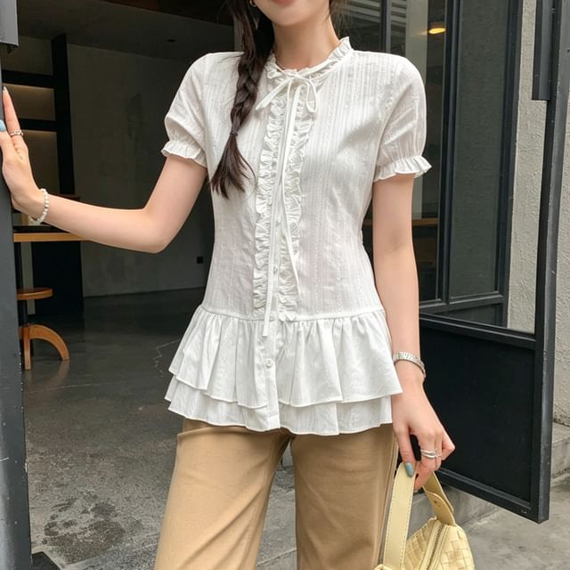 Puff Sleeve Lace Ruffle Blouse