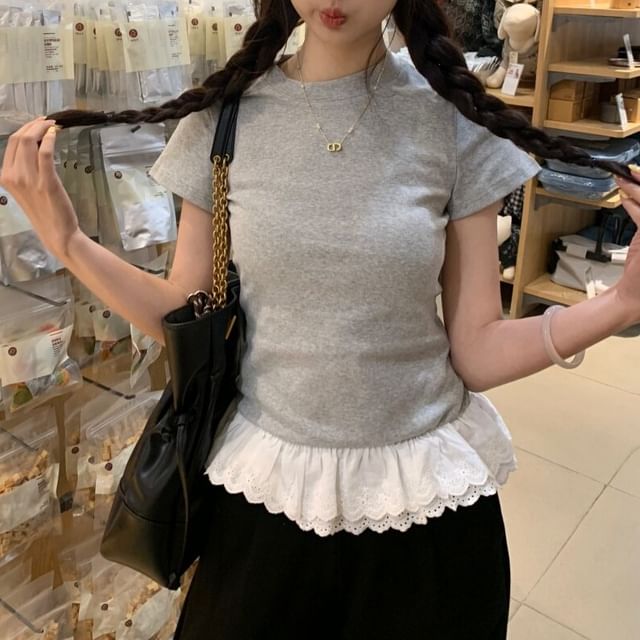Short-Sleeve Crew Neck Eyelet Lace Panel Tee