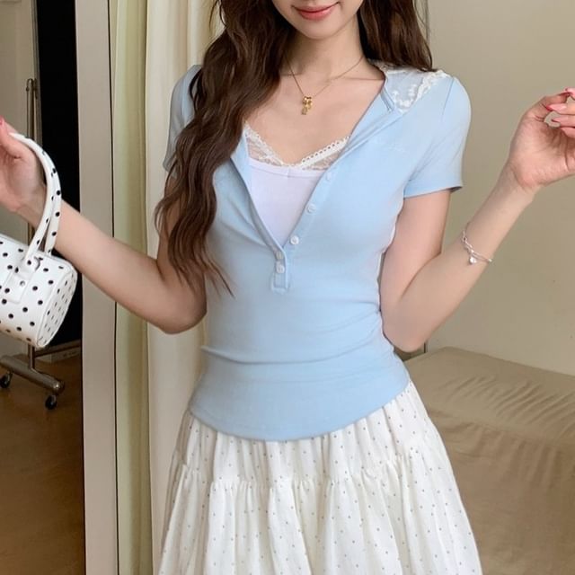 Mock Two-Piece V-Neck Lace Panel Slim Hoodie