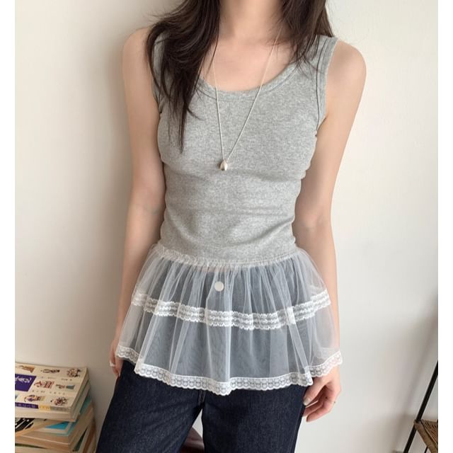 Scoop Neck Lace Panel Peplum Tank