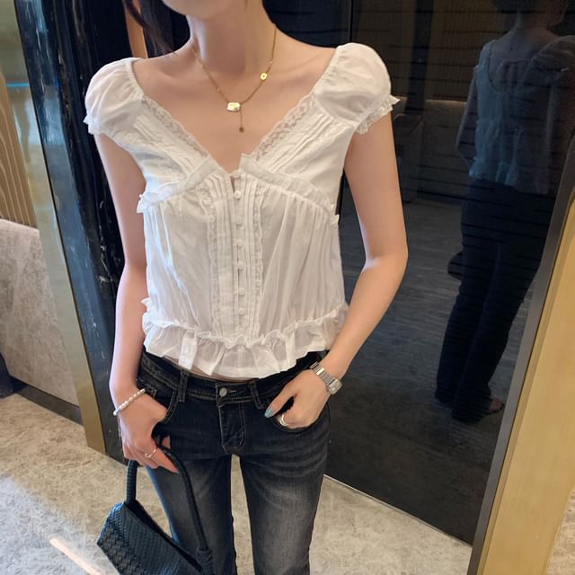 Cap-Sleeve V-Neck Lace Trim Pintuck Crop Blouse