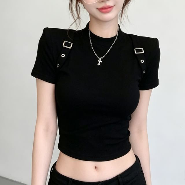 Buckled High Neck Short Sleeve Crop T-Shirt