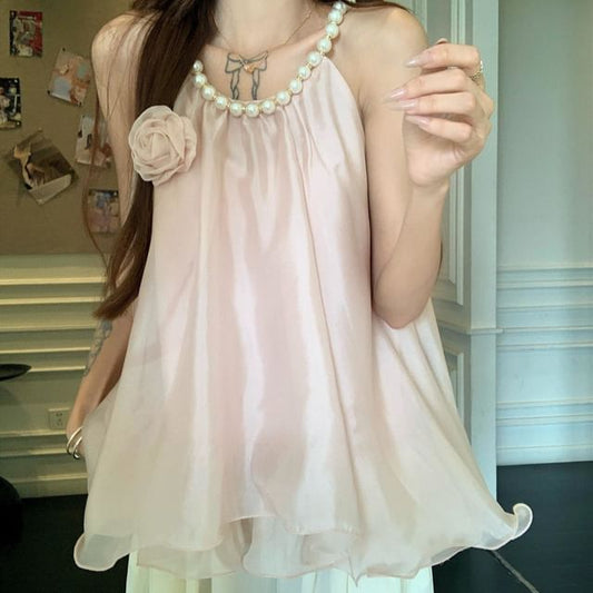 Beaded U-Neck Ruffle Sleeveless Blouse