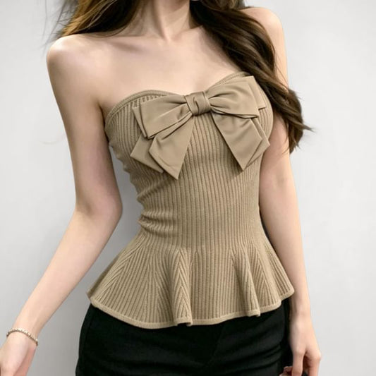 Ribbed Knit Tube Top with Bow Detail