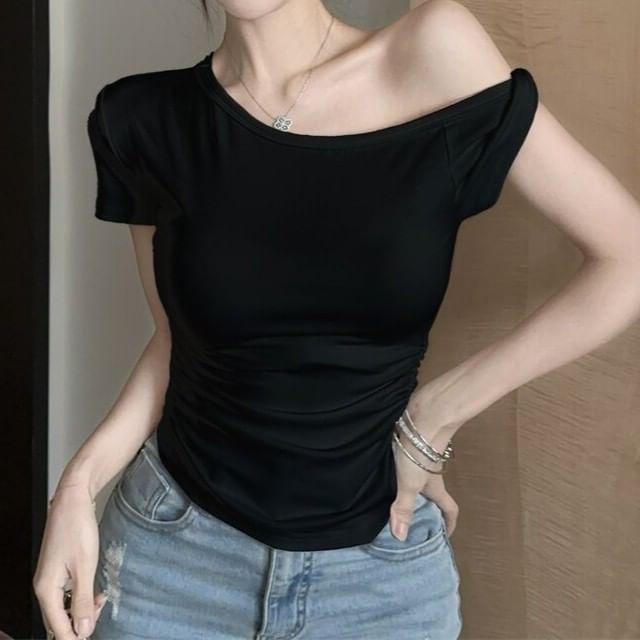 Ruched One-Shoulder Short Sleeve Top