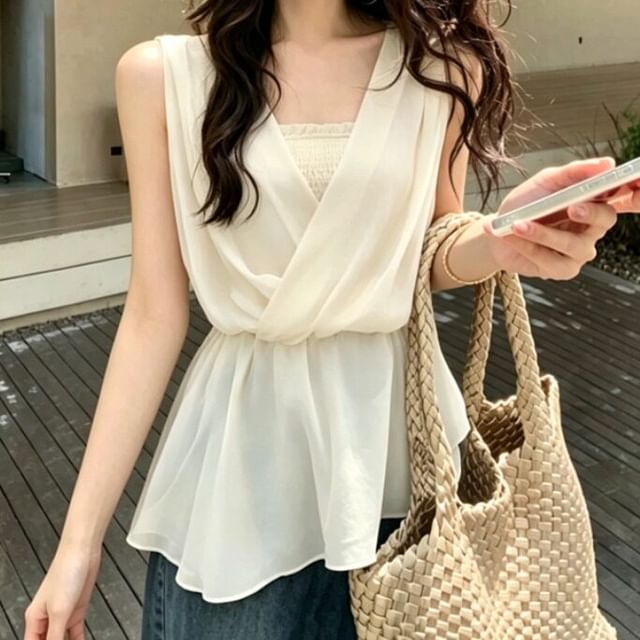 Asymmetric Mock Two-Piece Wrap Top