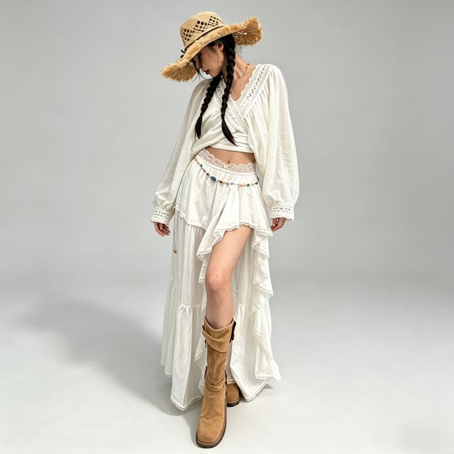 Crop Blouse with Puff Sleeves & Embroidered Trim Plus Asymmetric Slit Skirt
