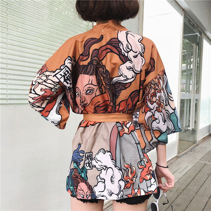 Cartoon Fire Print Casual Vintage Kimono Outerwear