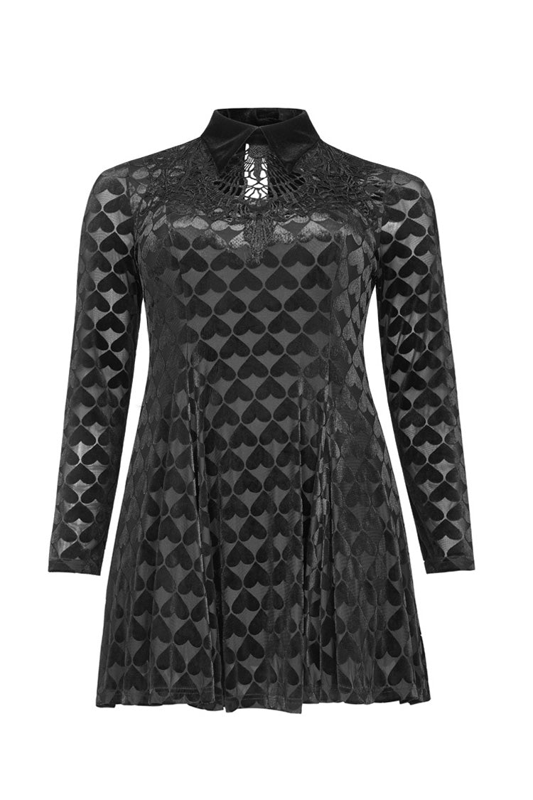 Plus Size Gothic Dress for Women in Black with Hollow-Out Decals, Long Sleeves & Velvet Print
