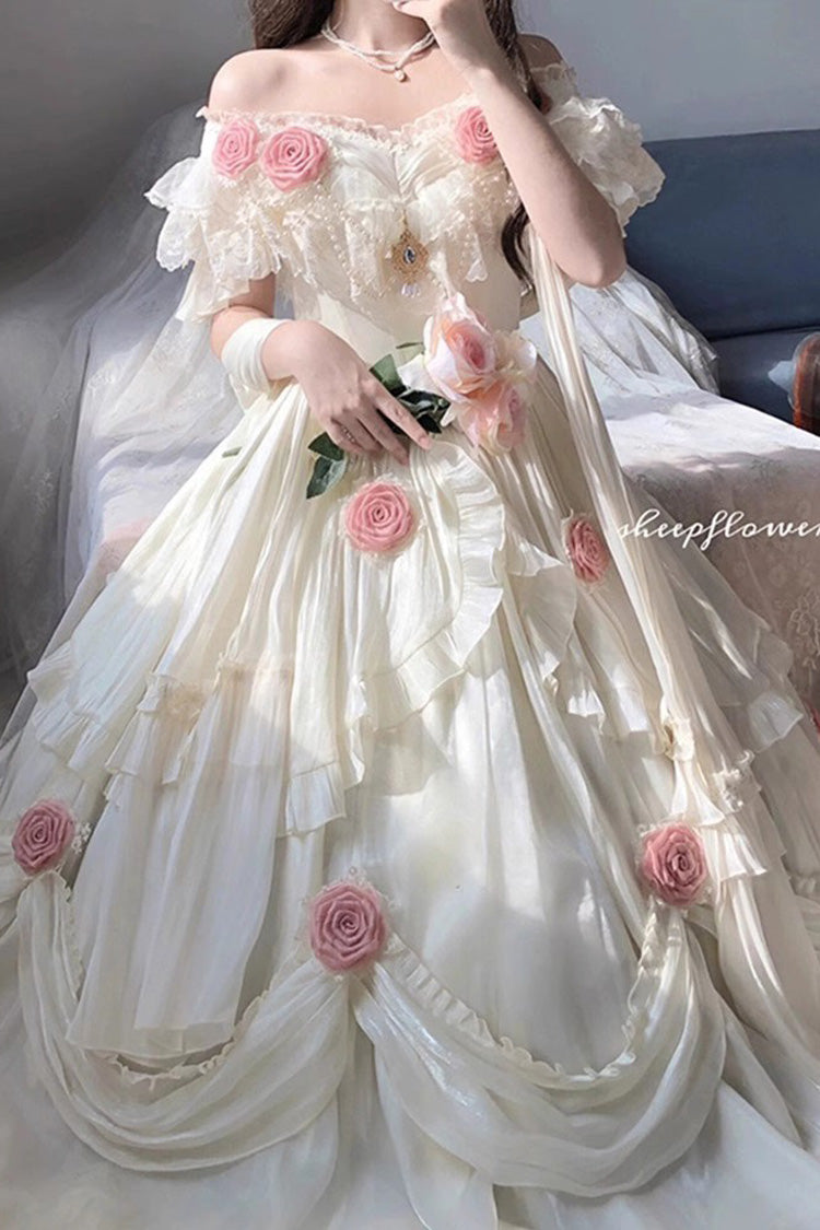 Ivory Rose Print Strapless Dress with Bowknot - Elegant