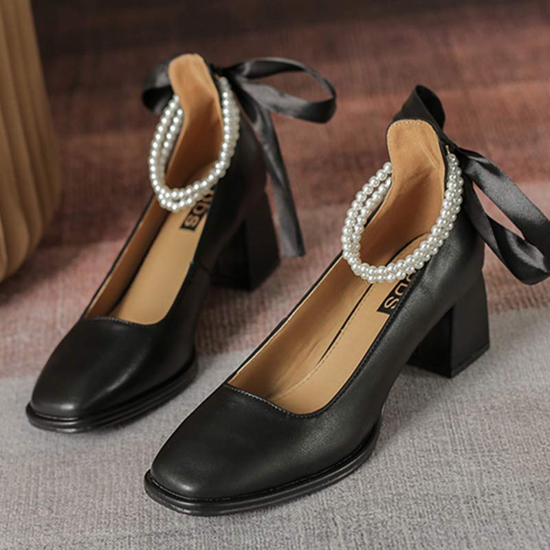 Elegant Pearl Bow High-heeled Shoes