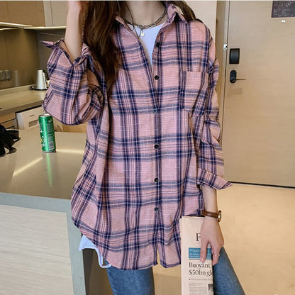 Plaid Print Pocket Lapel Loose Shirt