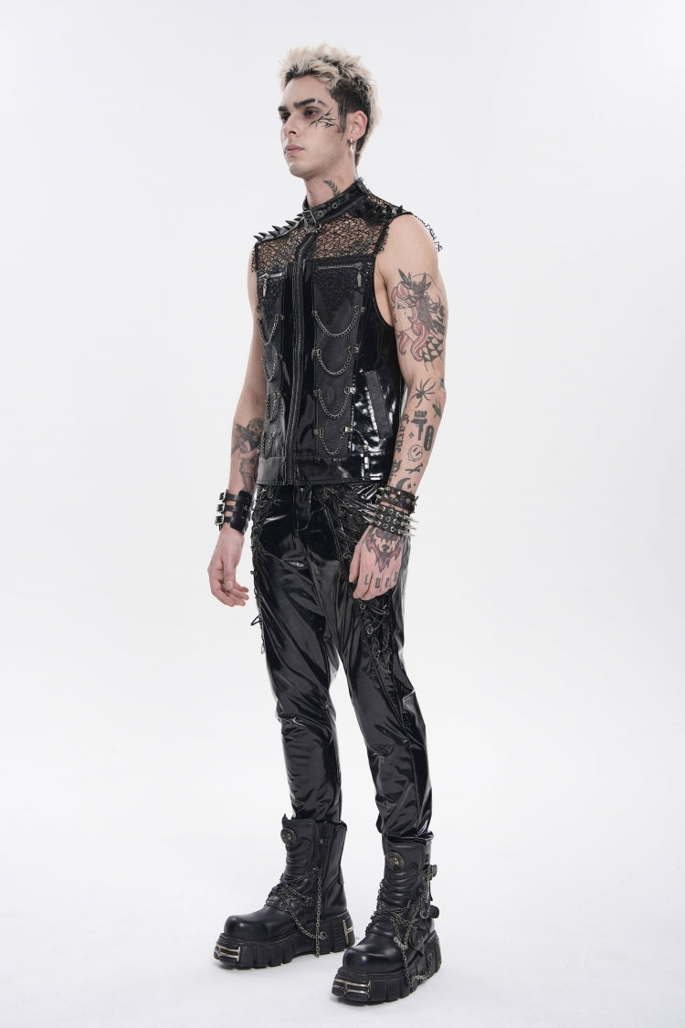 Noir Punk Vest with Chains, Studs, and Mesh Accents