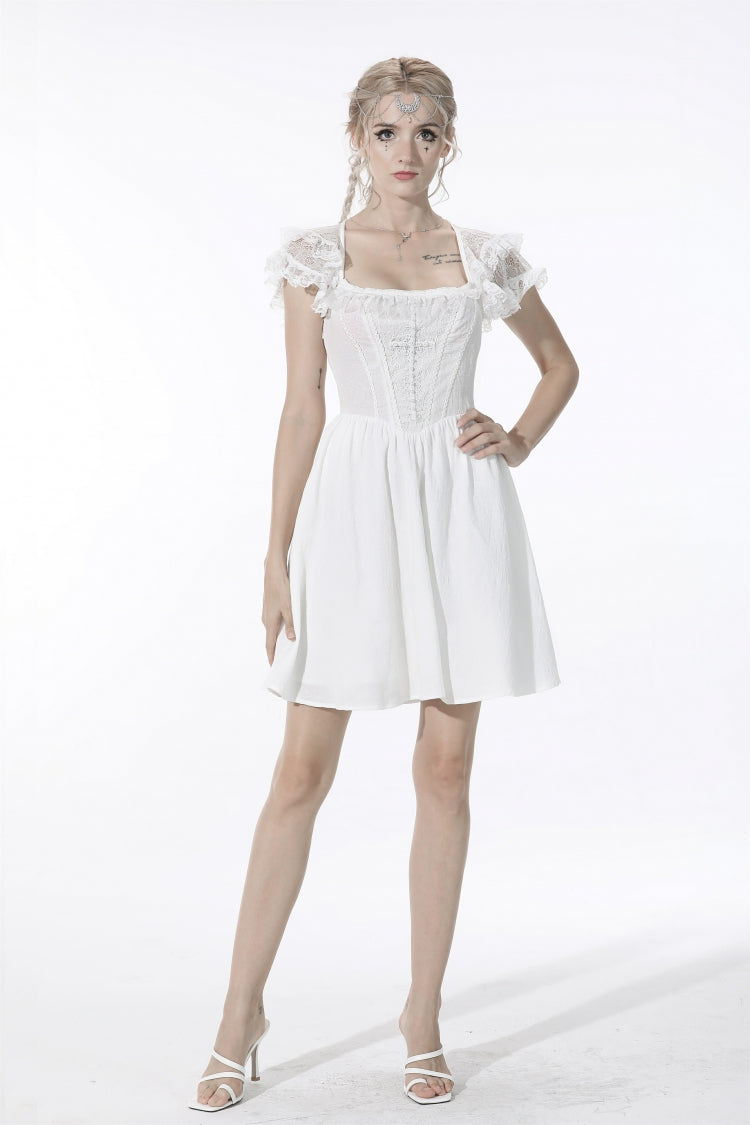 Ivory Layered Lace Square Neckline Strappy Gothic Mini Dress for Women