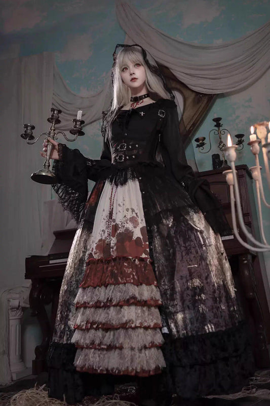 Sleeveless Multi-Layered Printed Ruffled Open-Front Gothic Plus Size Lolita Strap Dress