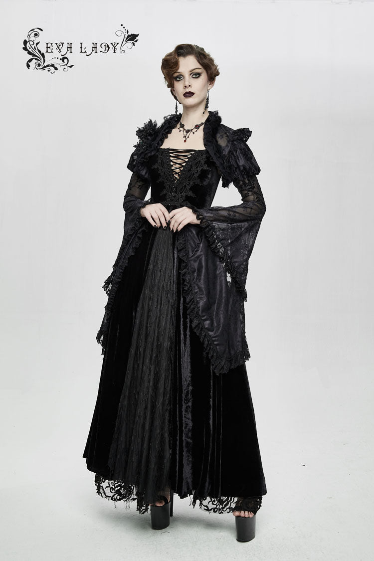 Lace-Trimmed Bell Sleeve Fur-Trimmed Gothic Wrap with 3D Flowers