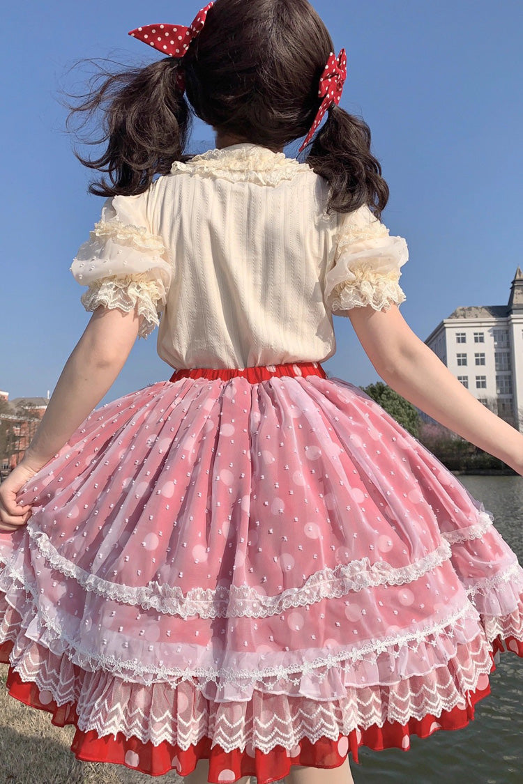 Wave Candy Triple-Layered Print Ruffle Bowknot Sweet Lolita Skirt