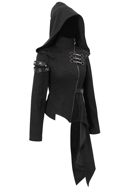 Women's Punk Jacket with Hooded Asymmetrical Zipper Design
