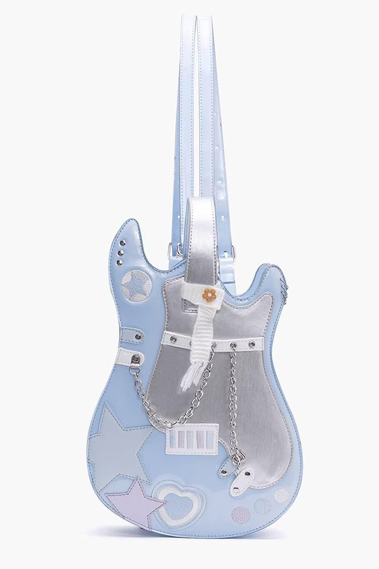 Embroidered Itabag with Guitar Heart and Chain, Color-Block Sweet Lolita