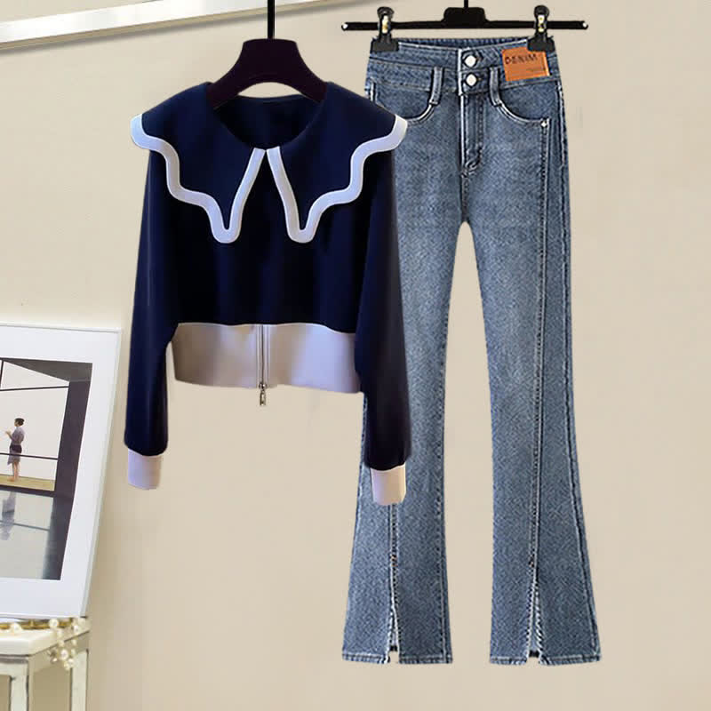 Sailor Collar Sweater High Waist Denim Pants