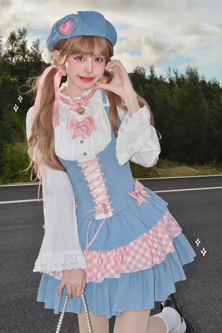 Blue Pink Rock Ballet Printed Triple-Layered Ruffled Bow Lace-Up Sweet Jsk Dress