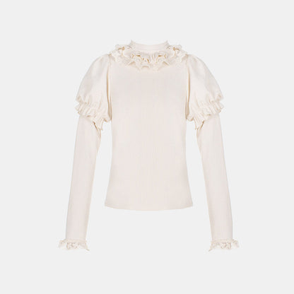 Lolita Bowknot Plush Overalls Puff Sleeve Lace Shirt