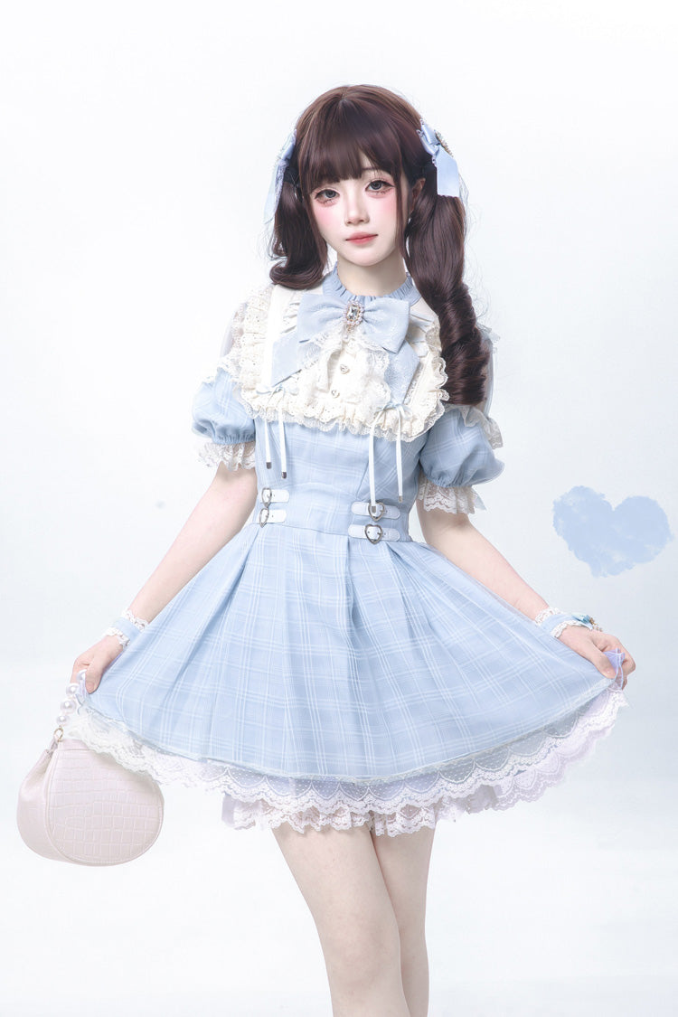 Blue/Aqua Short Sleeves Plaid Printed Ruffled Lace Sweet Jirai Kei Japanese Lolita Dress