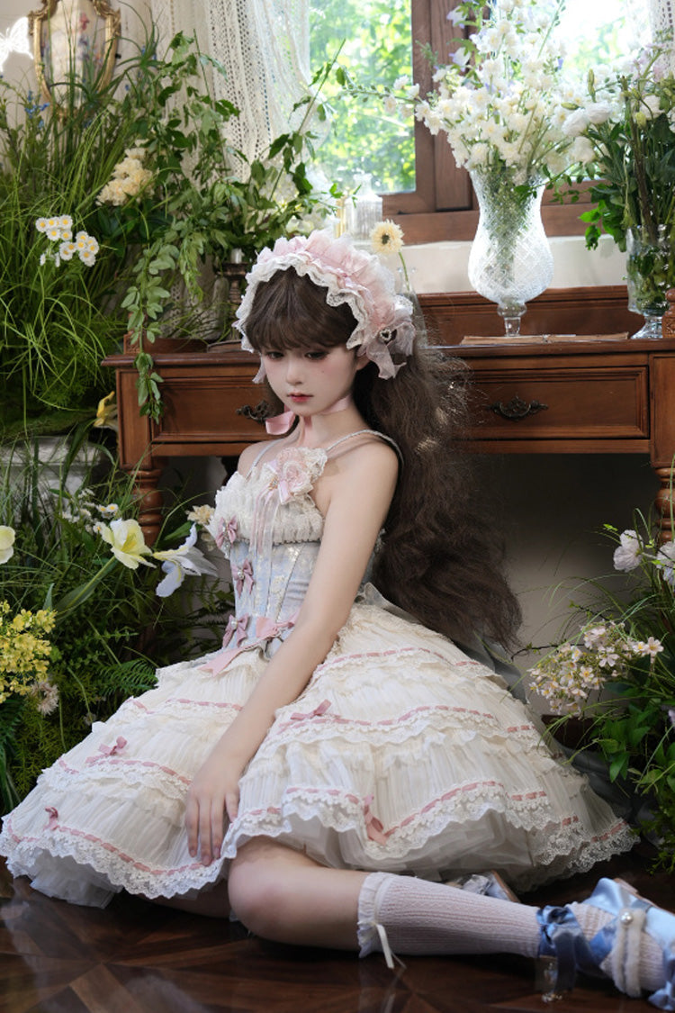 Sea Salt Souffle Sleeveless Multi-Tier Bow Lace Ballet Lolita Jumper Dress