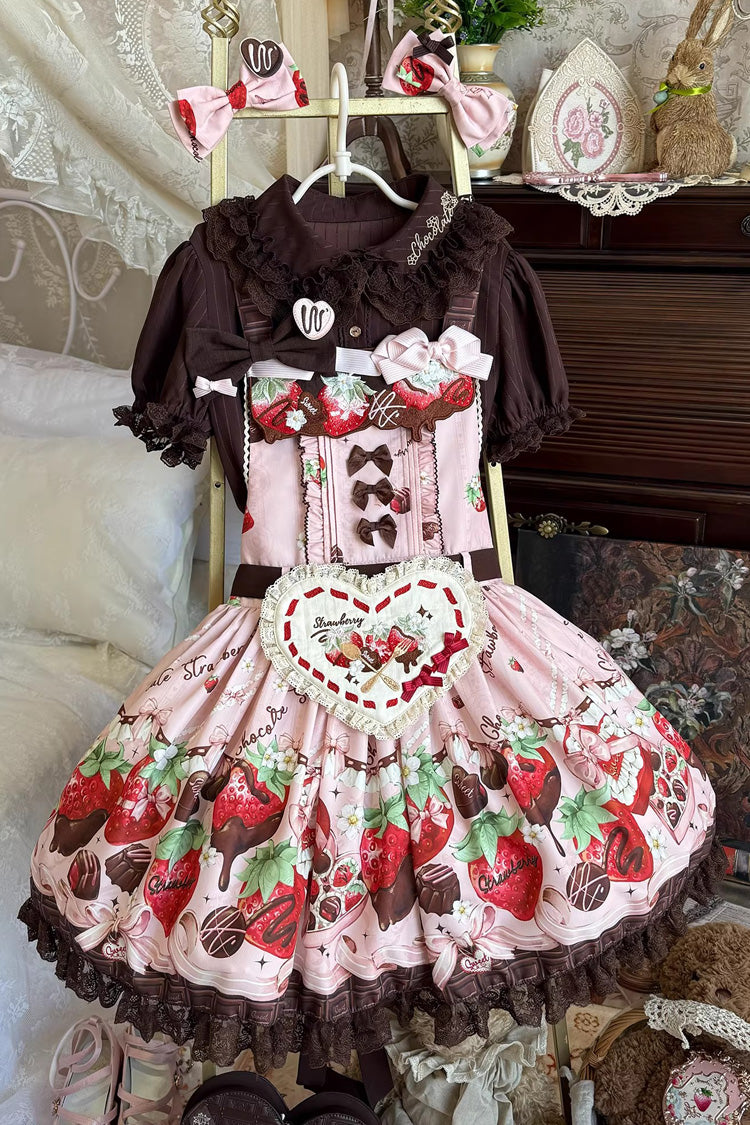 Sleeveless Printed Ruffled Embroidered Bow Lace Sweet Lolita Strap Dress - Strawberry Chocolate Lover