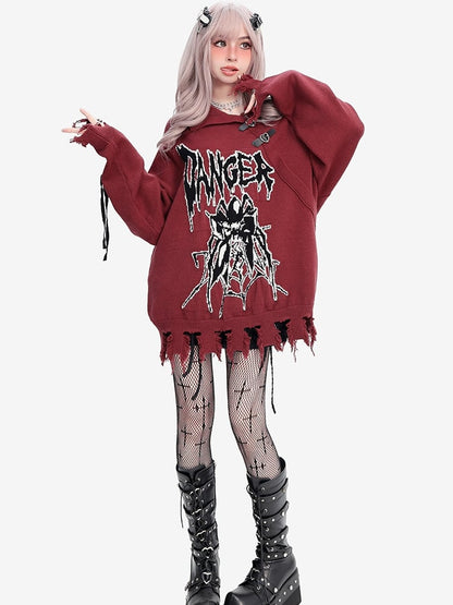 Y2K Dark Red Spider Distress Trim Loose Sweater Lace-up Sleeves