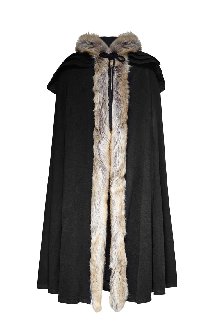 Men's Gothic Coat Cloak with Hooded Fur Collar Wool Long Design