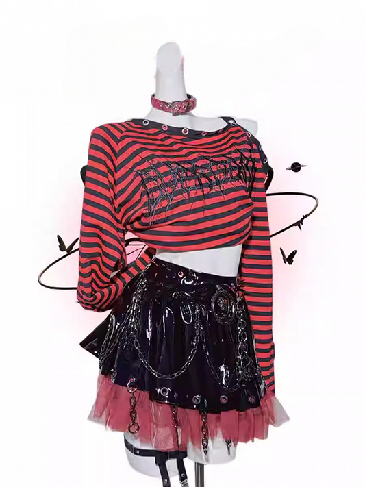 Punk Studs Red Lace Trim Black PU Skirt