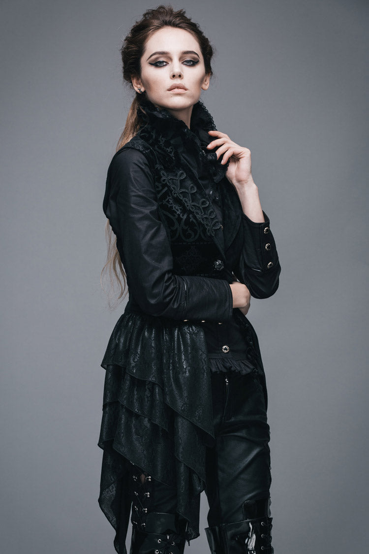 Noir Velvet Gothic Waistcoat with Frog Closures and Asymmetric Hem