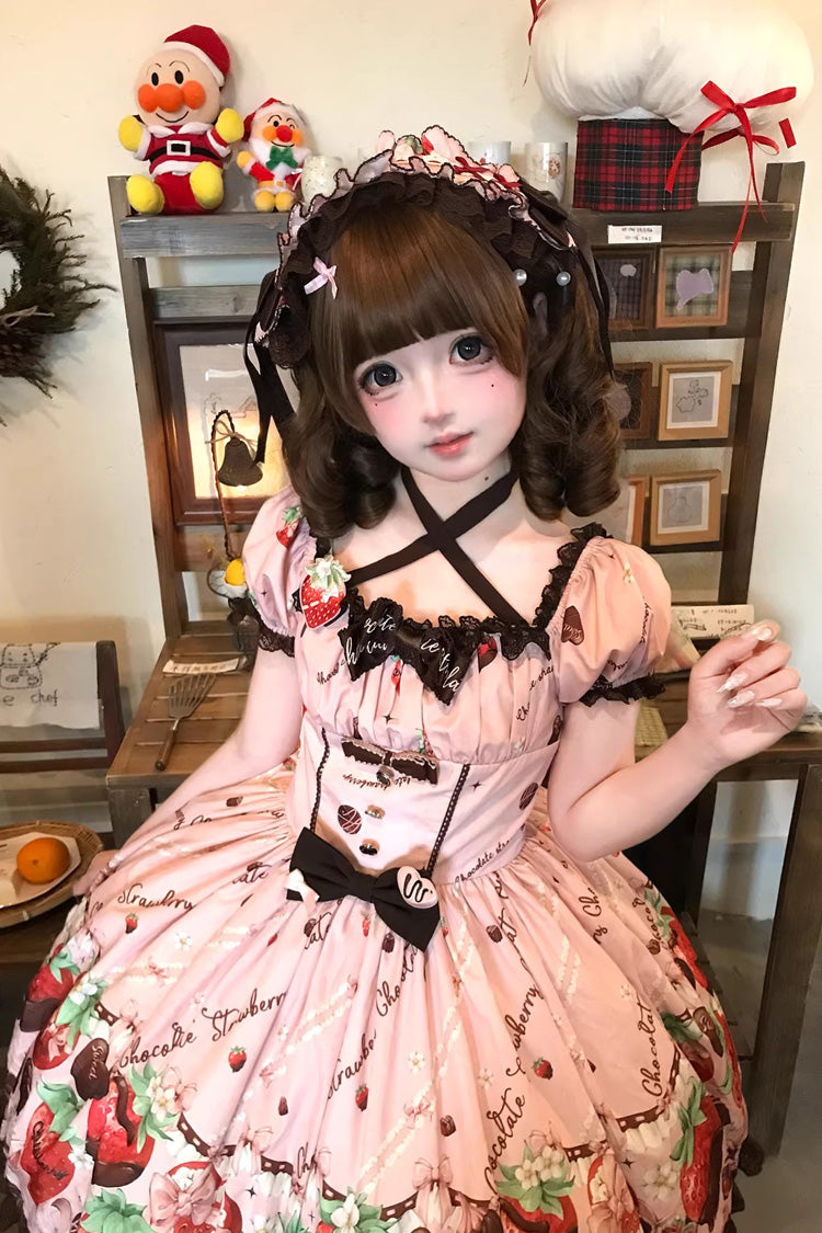 Chocolate Lover Square Collar Printed Bow Lace Sweet Lolita Dress