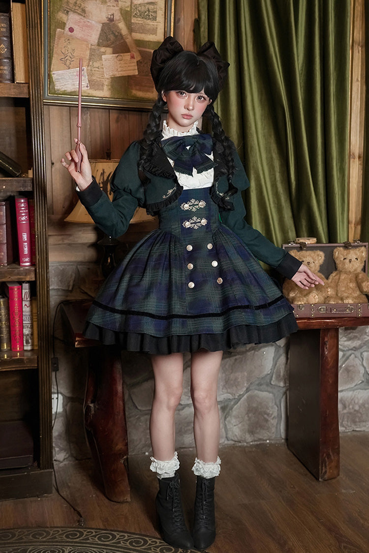 Berlin's Letter Double-Layered Plaid Ruffle Bowknot College Strap Dress