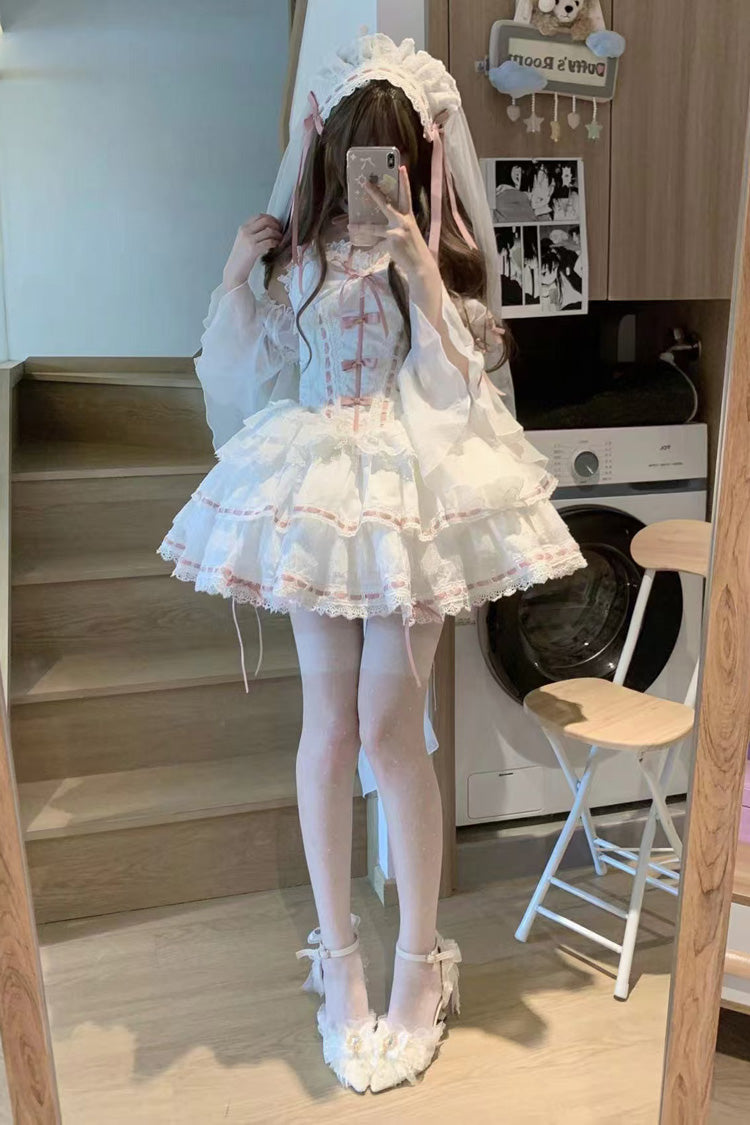 White Little Love Song Detachable Trumpet Sleeve Bow Lace Top Skirt Set