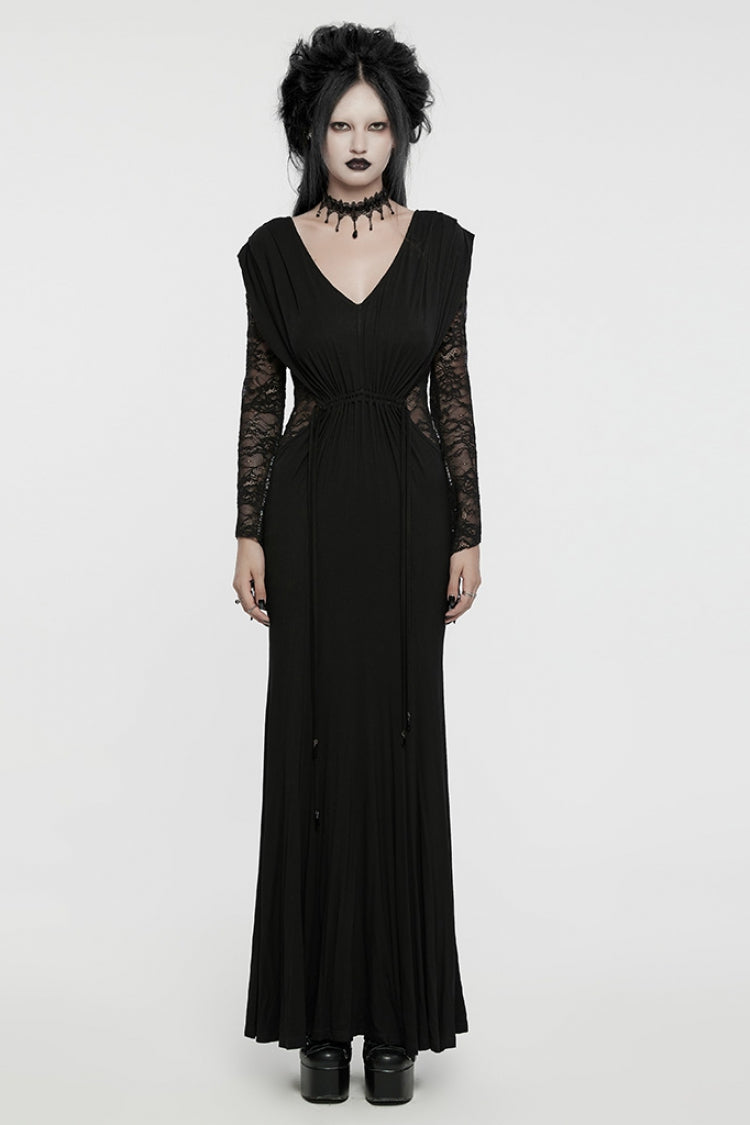 Black V-Neck Long Sleeves Stitching Lace Gothic Drawstring Honeymoon Gown
