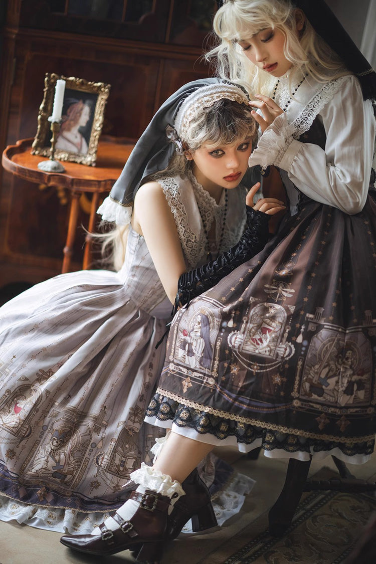 Printed Jumper Dress with Ruffles - Sweet Gothic Lolita