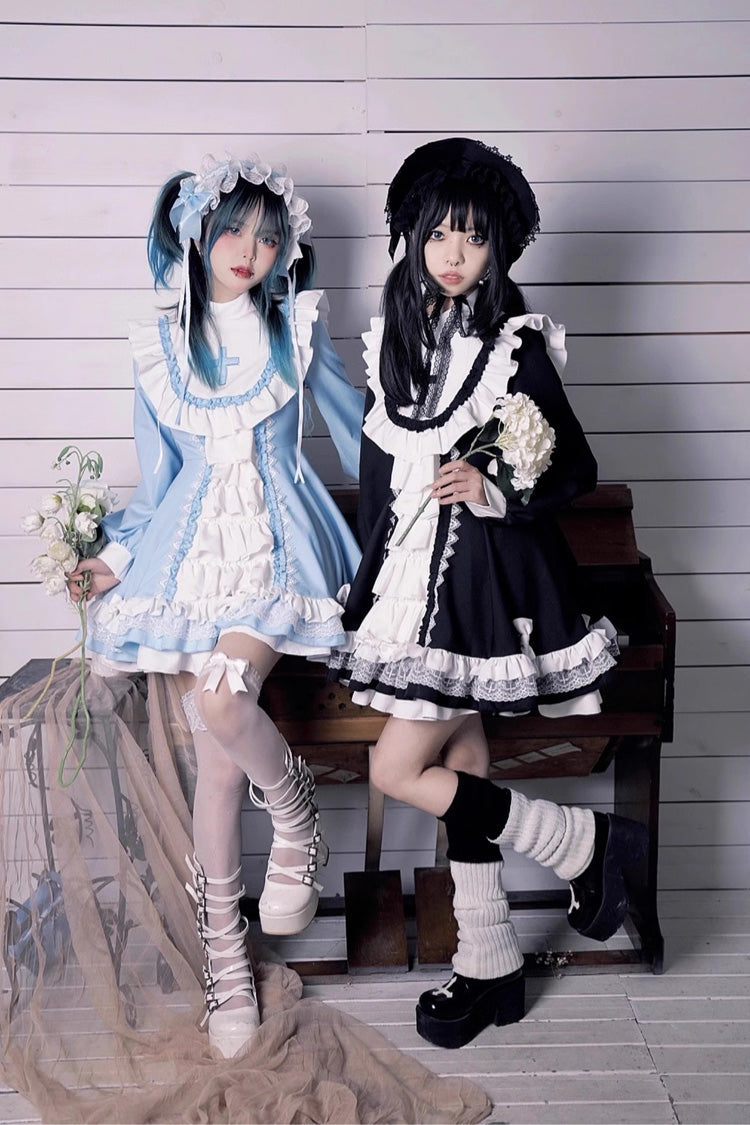 Long Sleeves Multi-layer Cross Print Nun Style Ruffle Gothic Lolita Dress