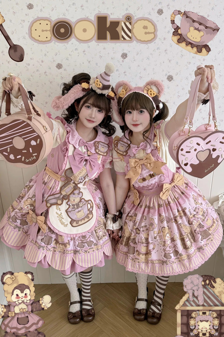 Teddy Bear Cookie Dessert Print Dress with Bow & Ruffles
