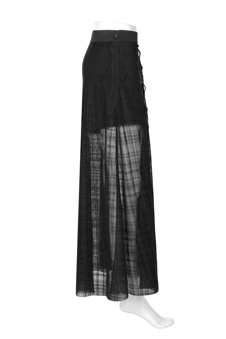 Punk Skirt for Women in Black with Metal Eyelets, Lace-Up & Slit Mesh Hem