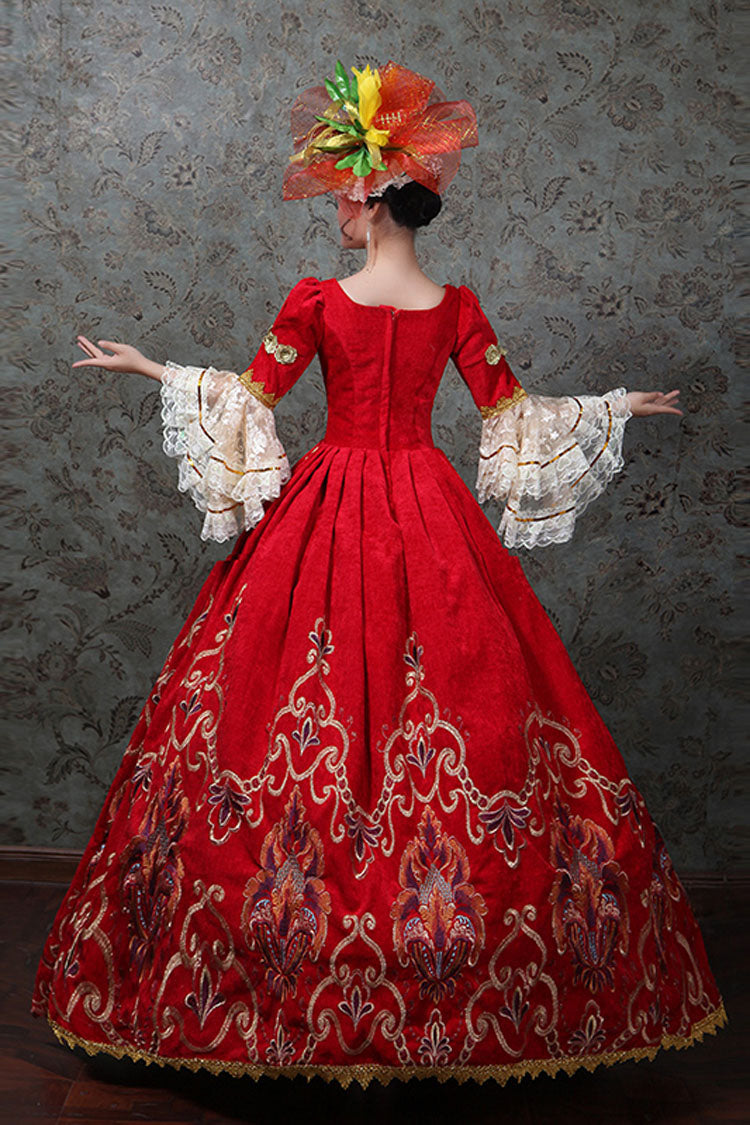Red Victorian Gown with Bell Sleeves and Floral Embroidery - Altfashion Shop