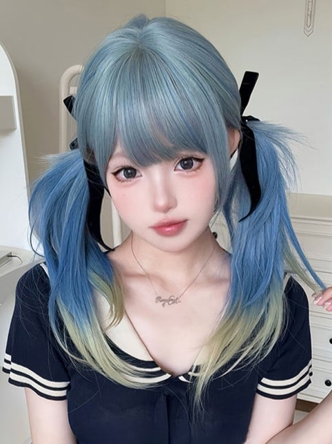 65CM Length Color Straight With Air Wig Hime Ombre Blue Cut Bangs Hair