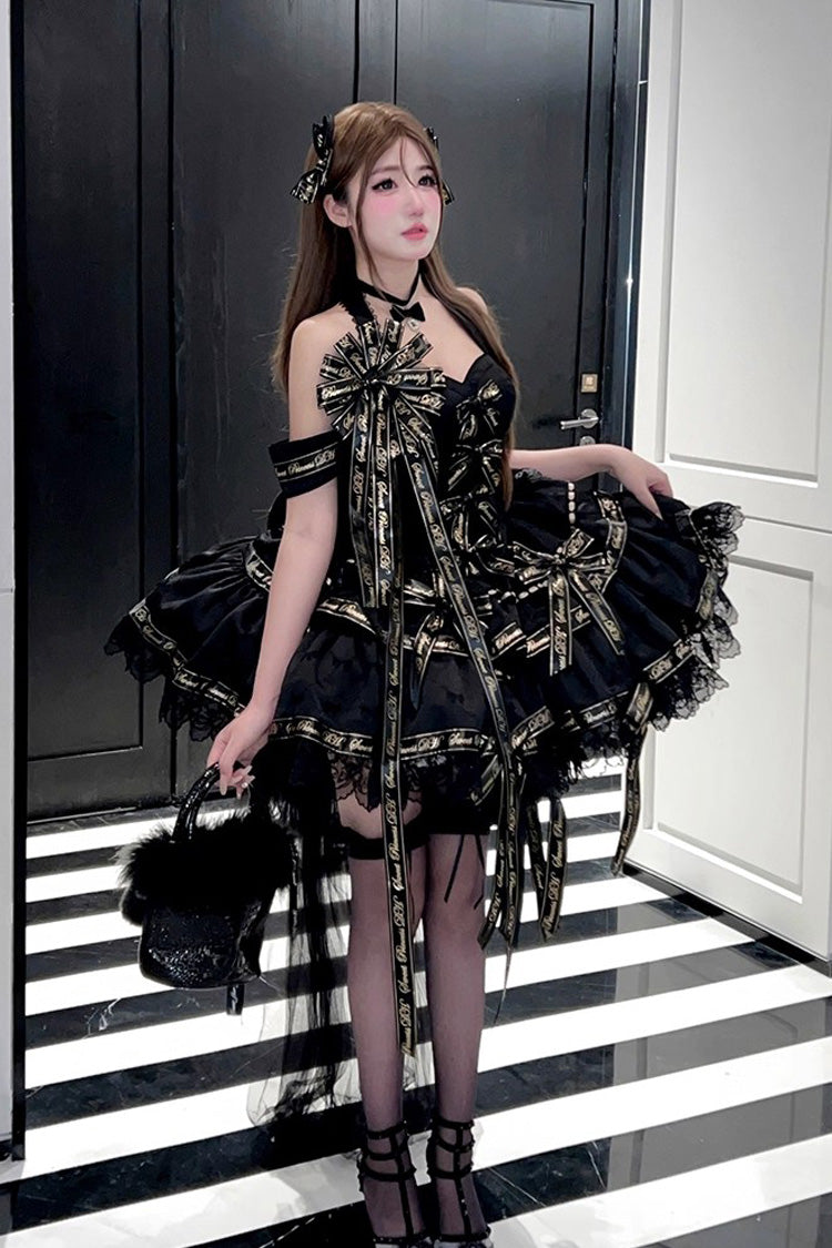 Noir Halter Neck Layered Ruffle Bow Princess Gothic Dress - Young Lady