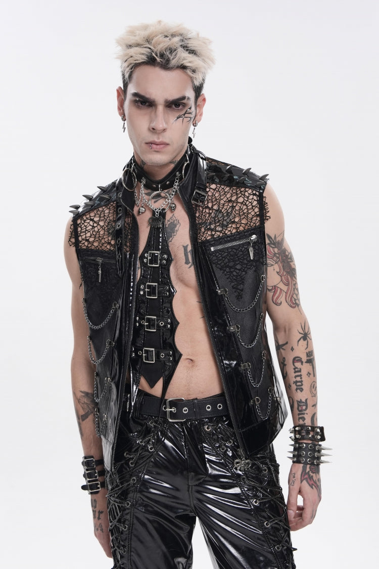 Noir Punk Vest with Chains, Studs, and Mesh Accents